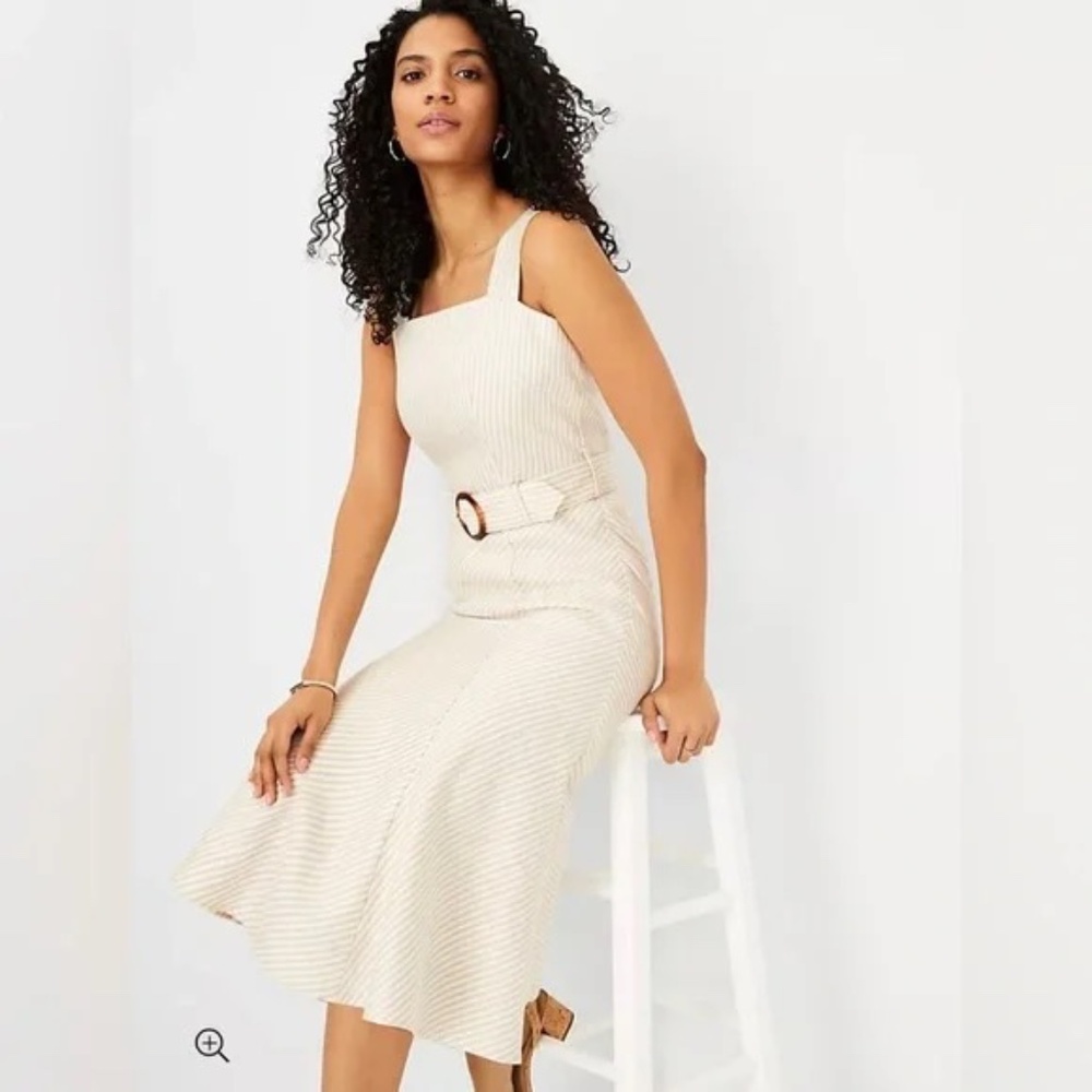 Ann Taylor Striped Linen Blend Belted Midi Dress Neutral Cream 8